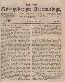 Der neue Königsberger Freimüthige, Nr. 102 Sonnabend, 23 Oktober 1852
