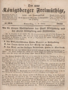 Der neue Königsberger Freimüthige, Nr. 104 Donnerstag, 28 Oktober 1852