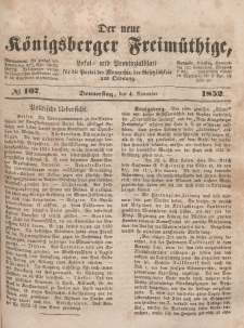 Der neue Königsberger Freimüthige, Nr. 107 Donnerstag, 4 November 1852
