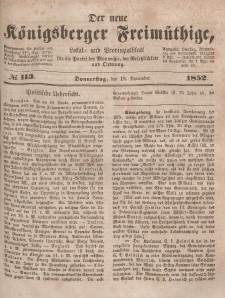 Der neue Königsberger Freimüthige, Nr. 113 Donnerstag, 18 November 1852